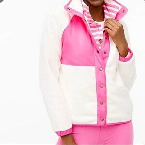 J. Crew Sherpa Sweater Jacket with Snaps White Pink Sz S